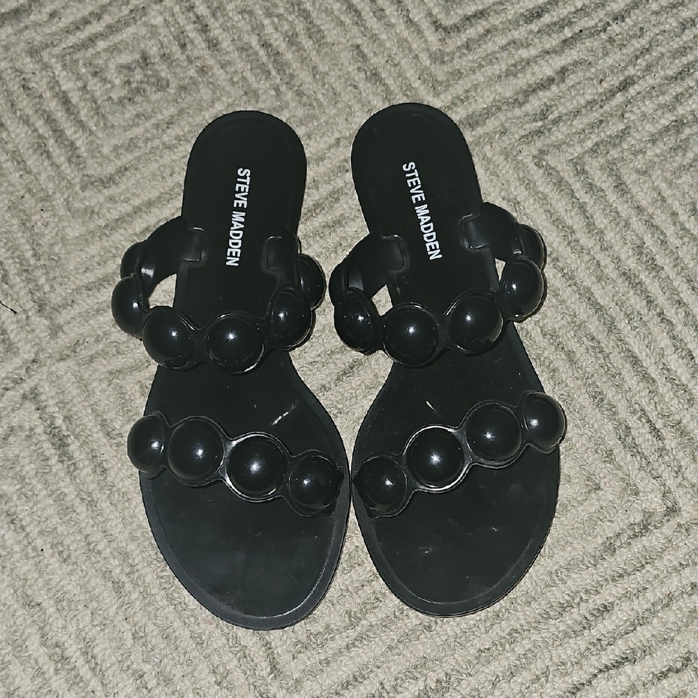 Steve Madden Black Beaded Double-Strap Slide Zaza Sandals